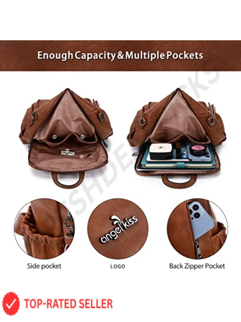 Vegan Leather Fashion Backpack Purse with USB Charging Port & Pockets